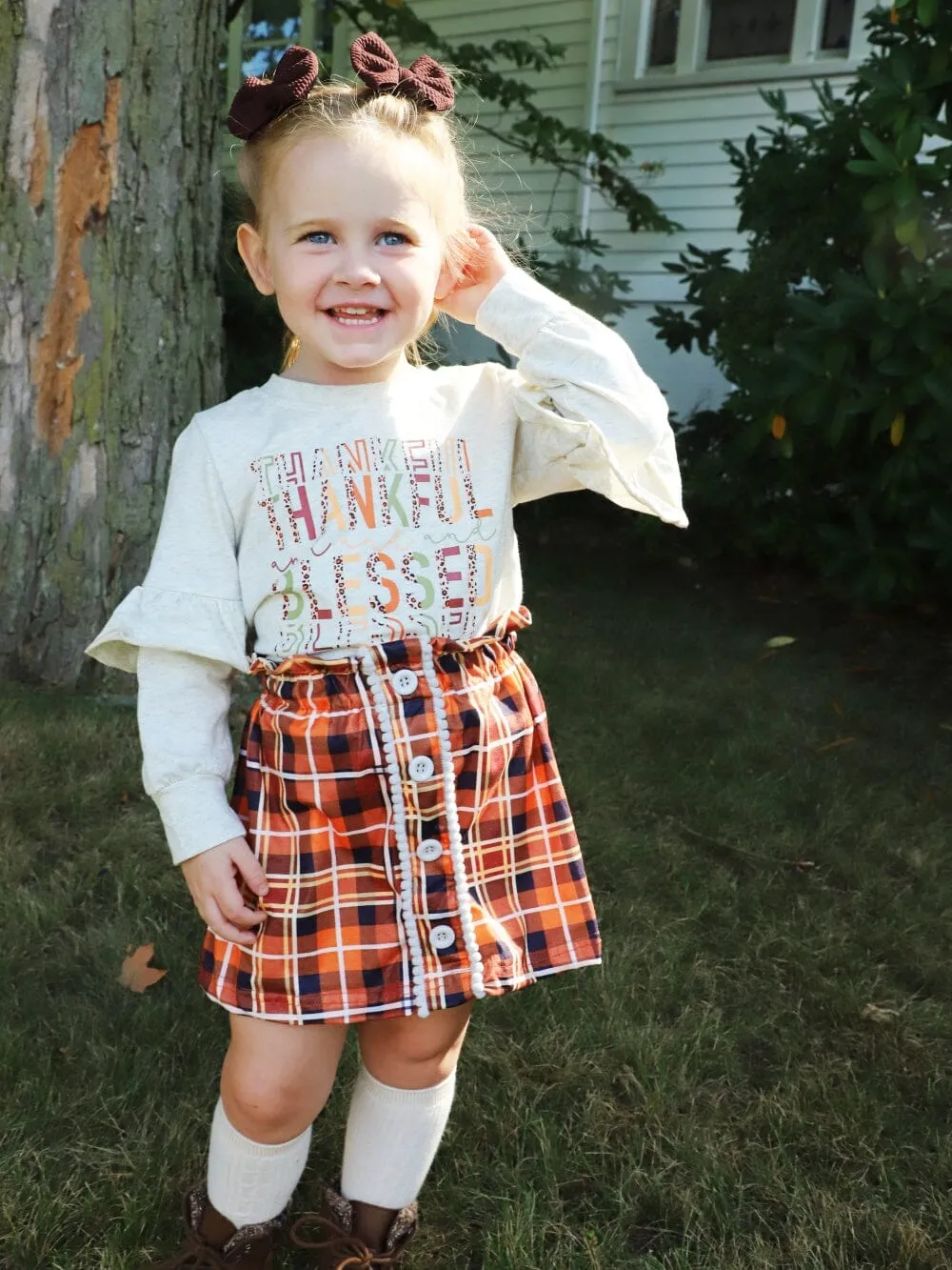 Thankful & Blessed Fall Tartan Plaid Ruffle Girls Skirt Outfit