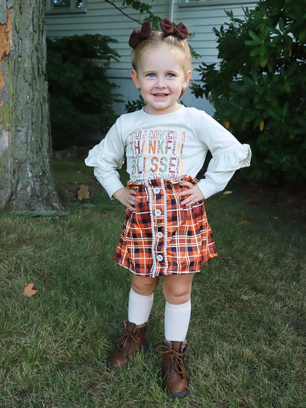 Thankful & Blessed Fall Tartan Plaid Ruffle Girls Skirt Outfit