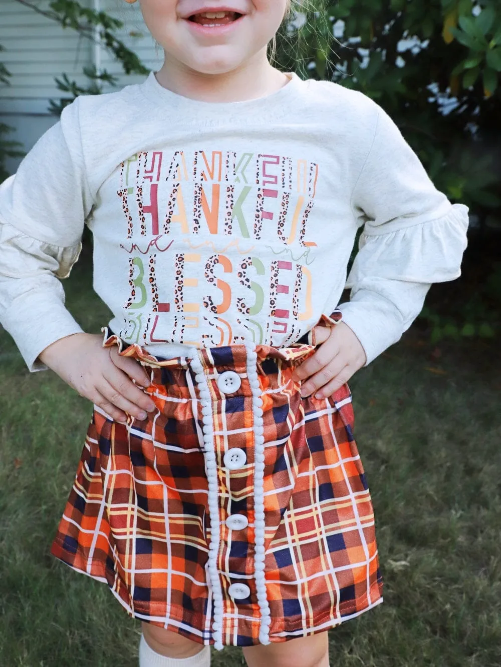 Thankful & Blessed Fall Tartan Plaid Ruffle Girls Skirt Outfit