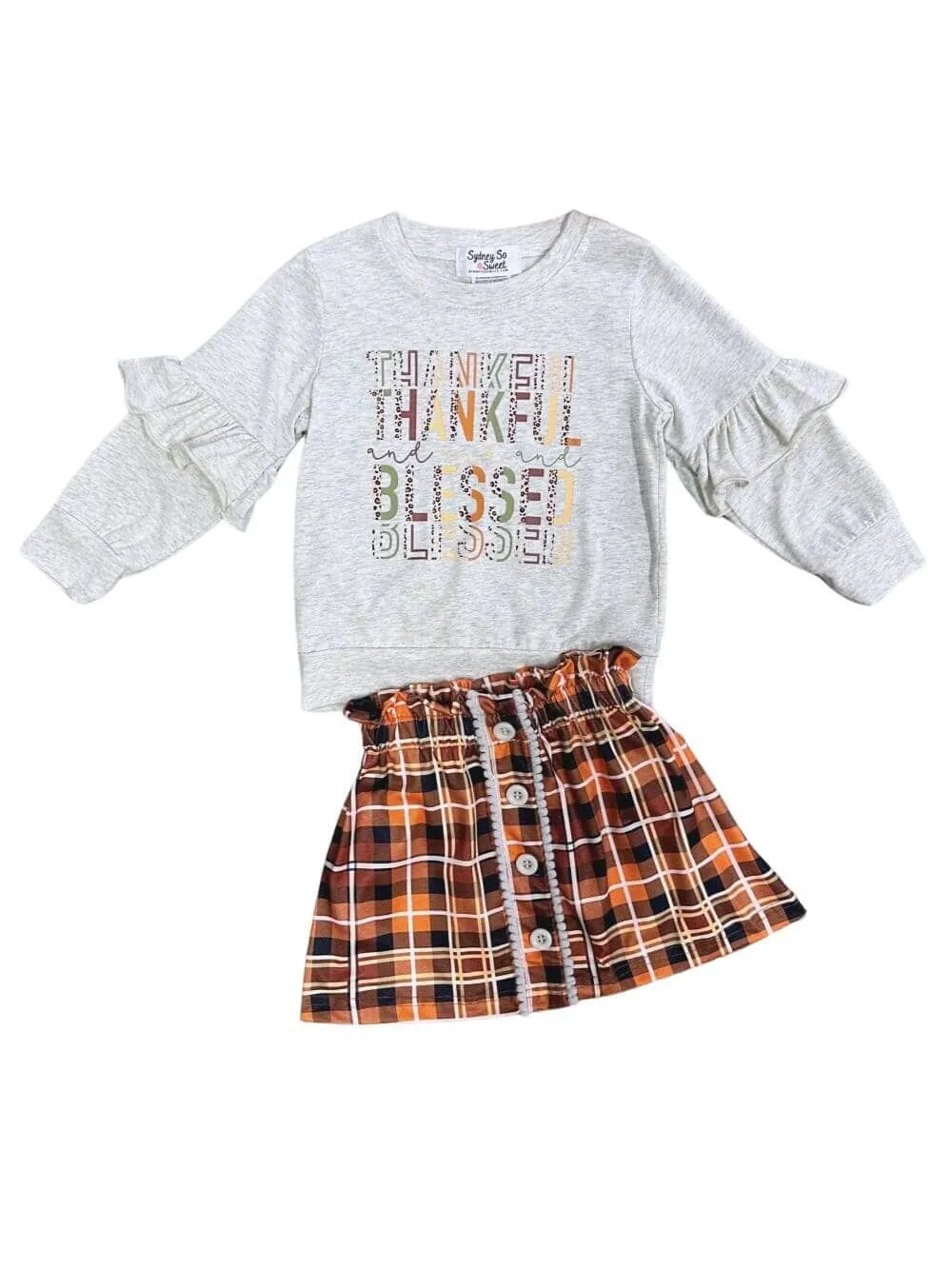 Thankful & Blessed Fall Tartan Plaid Ruffle Girls Skirt Outfit