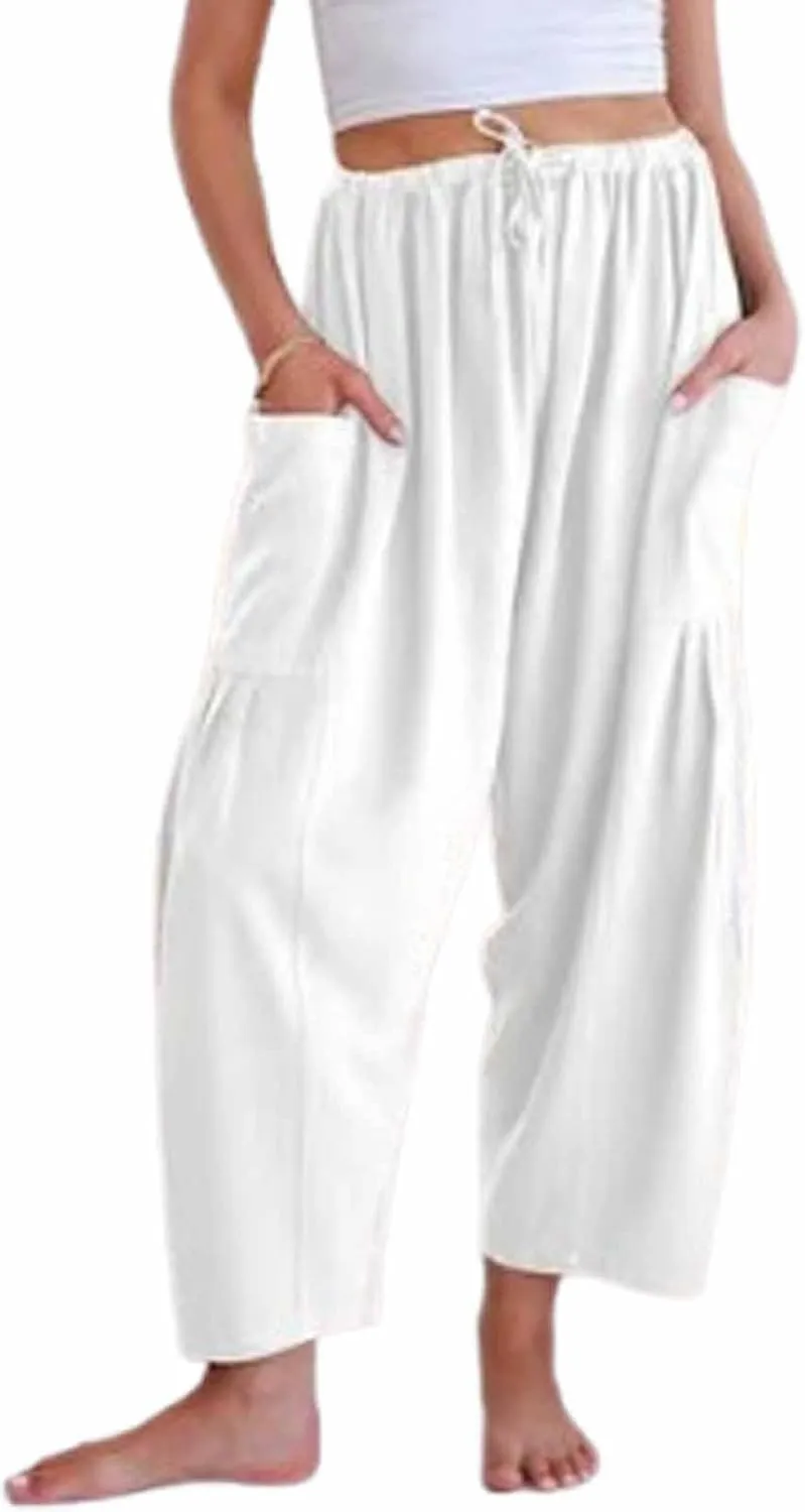 The Happy Wind Linen Pants, Women's Linen Wide Leg Casual Loose Drawstring Beach Palazzo Harem Pants with Pockets