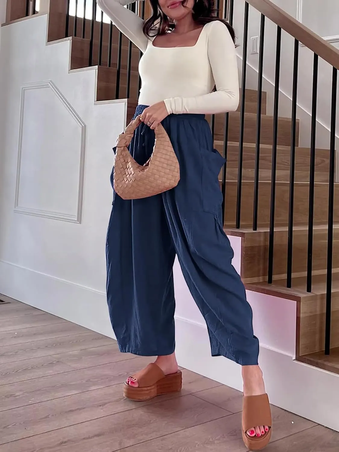 The Happy Wind Linen Pants, Women's Linen Wide Leg Casual Loose Drawstring Beach Palazzo Harem Pants with Pockets