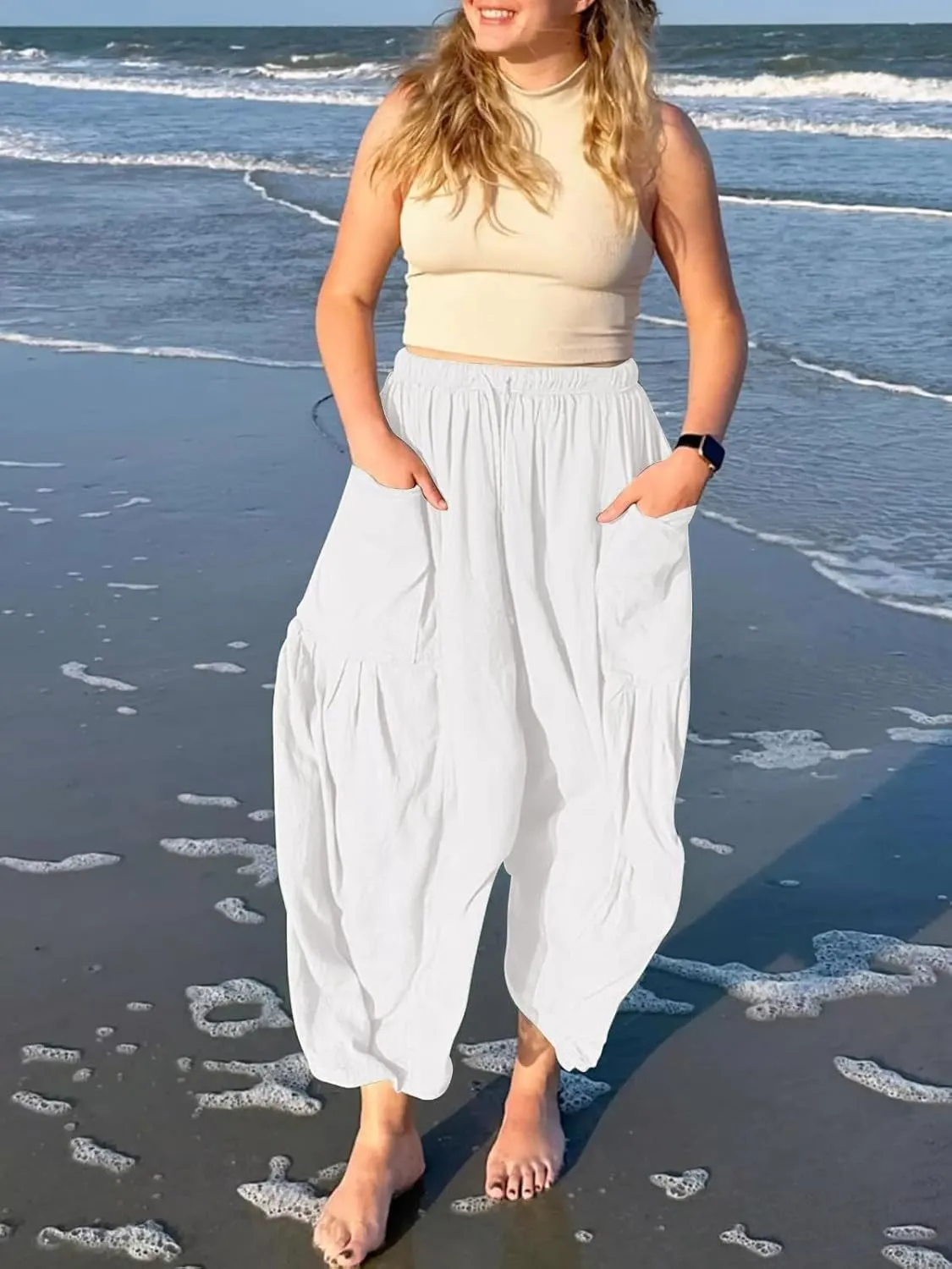 The Happy Wind Linen Pants, Women's Linen Wide Leg Casual Loose Drawstring Beach Palazzo Harem Pants with Pockets