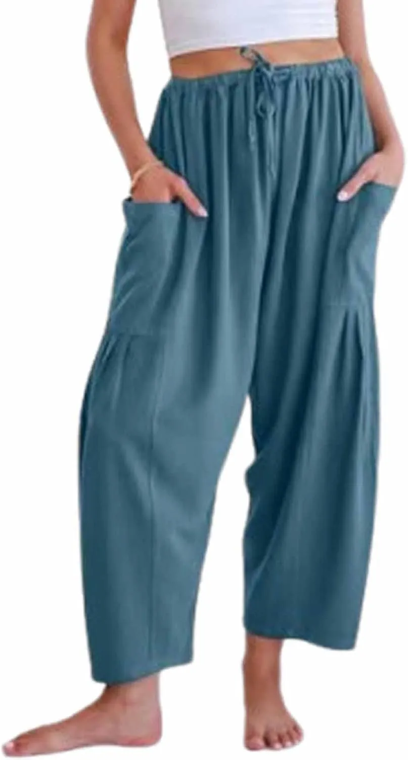 The Happy Wind Linen Pants, Women's Linen Wide Leg Casual Loose Drawstring Beach Palazzo Harem Pants with Pockets