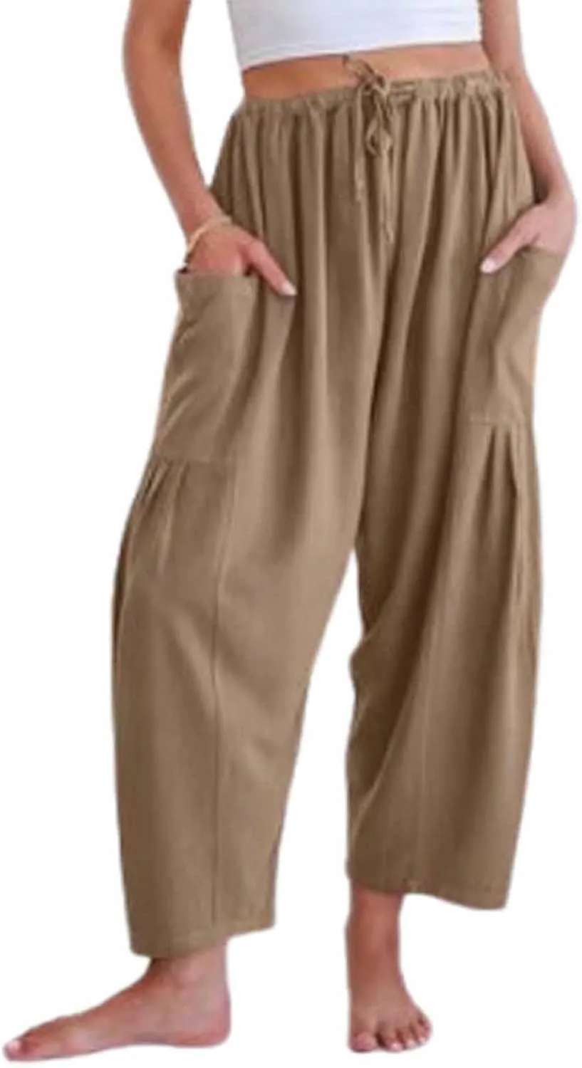 The Happy Wind Linen Pants, Women's Linen Wide Leg Casual Loose Drawstring Beach Palazzo Harem Pants with Pockets