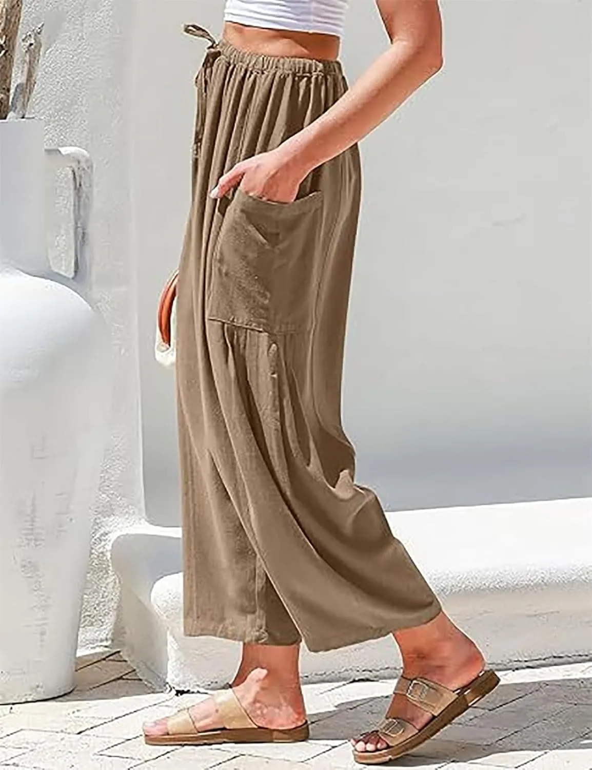 The Happy Wind Linen Pants, Women's Linen Wide Leg Casual Loose Drawstring Beach Palazzo Harem Pants with Pockets