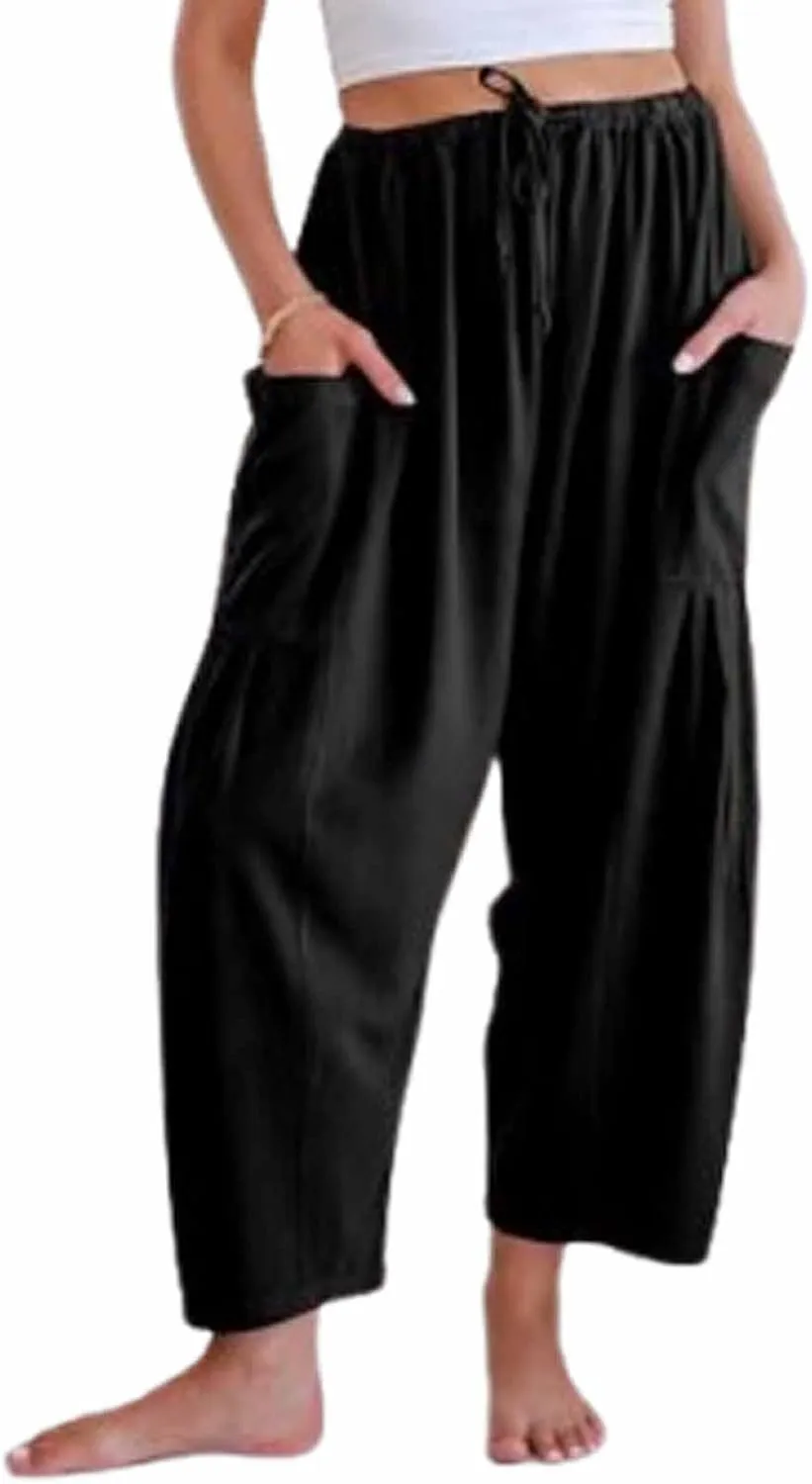 The Happy Wind Linen Pants, Women's Linen Wide Leg Casual Loose Drawstring Beach Palazzo Harem Pants with Pockets