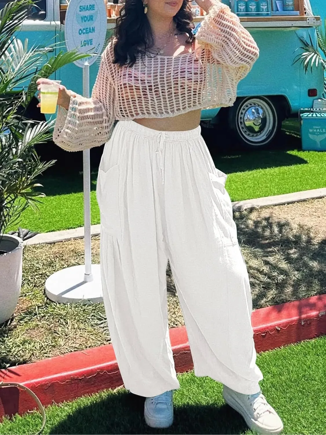 The Happy Wind Linen Pants, Women's Linen Wide Leg Casual Loose Drawstring Beach Palazzo Harem Pants with Pockets