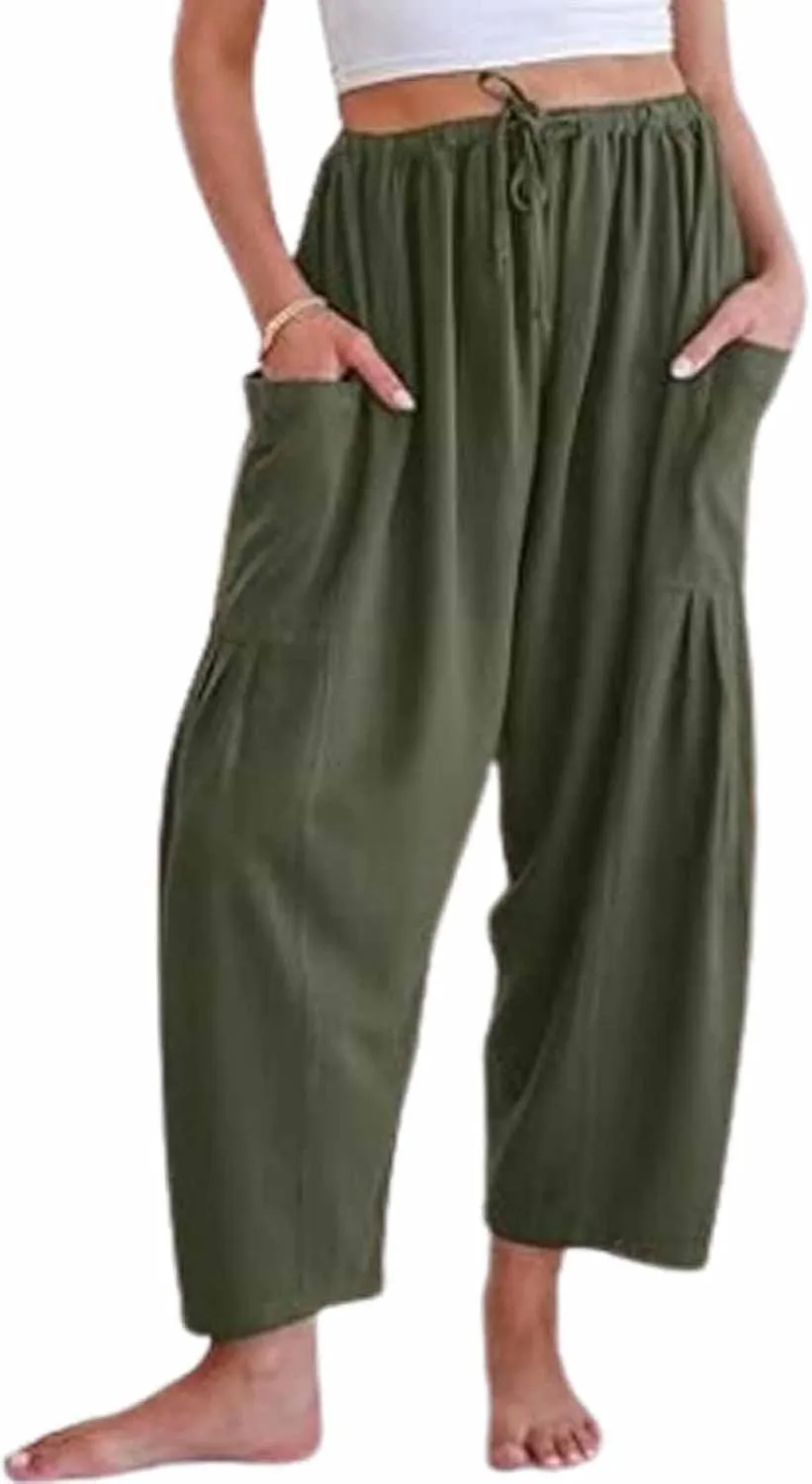 The Happy Wind Linen Pants, Women's Linen Wide Leg Casual Loose Drawstring Beach Palazzo Harem Pants with Pockets
