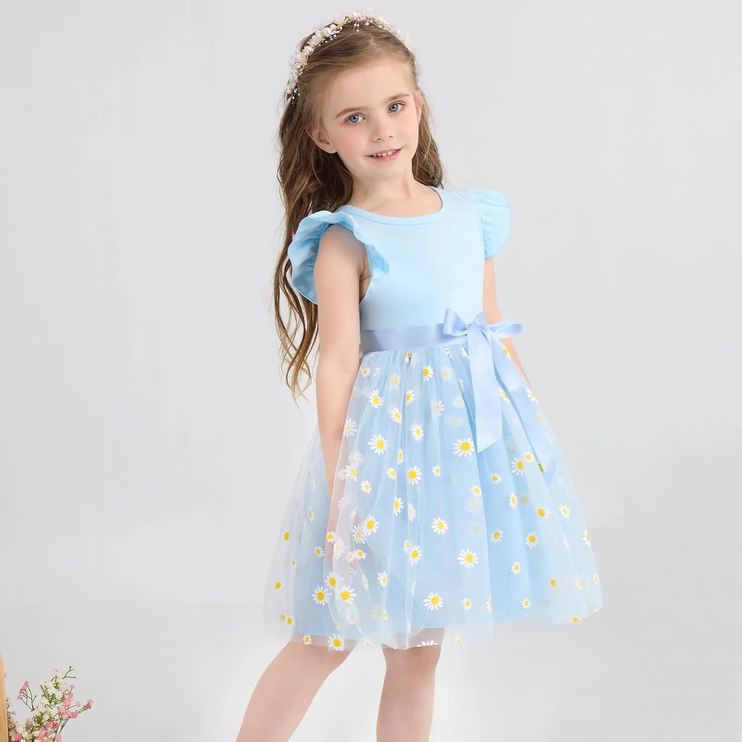 Toddler Baby Girls Tutu Tulle Dress Ruffled Sleeve Print Mesh Party Princess Dresses Summer Clothes 2-7T