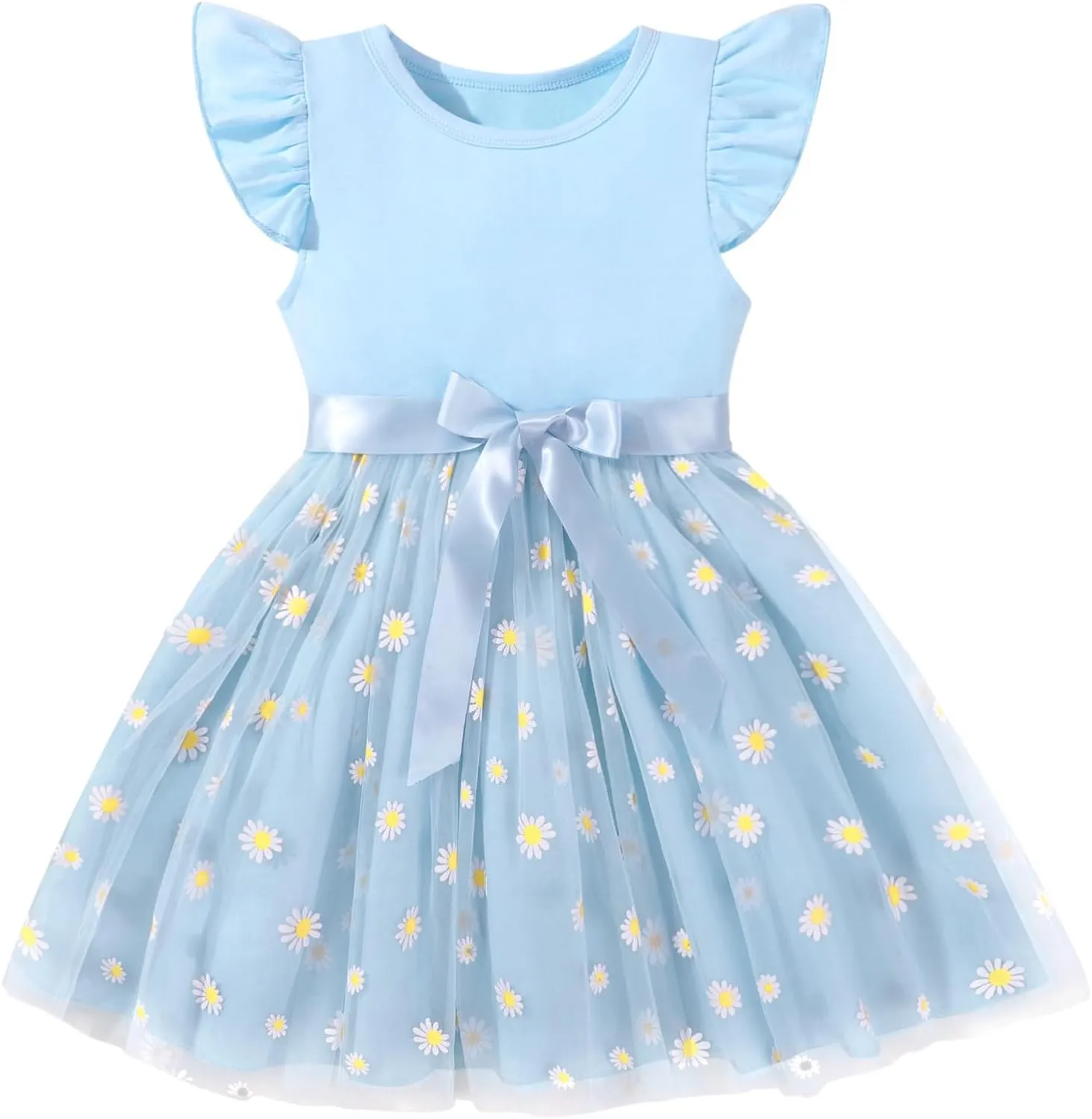 Toddler Baby Girls Tutu Tulle Dress Ruffled Sleeve Print Mesh Party Princess Dresses Summer Clothes 2-7T