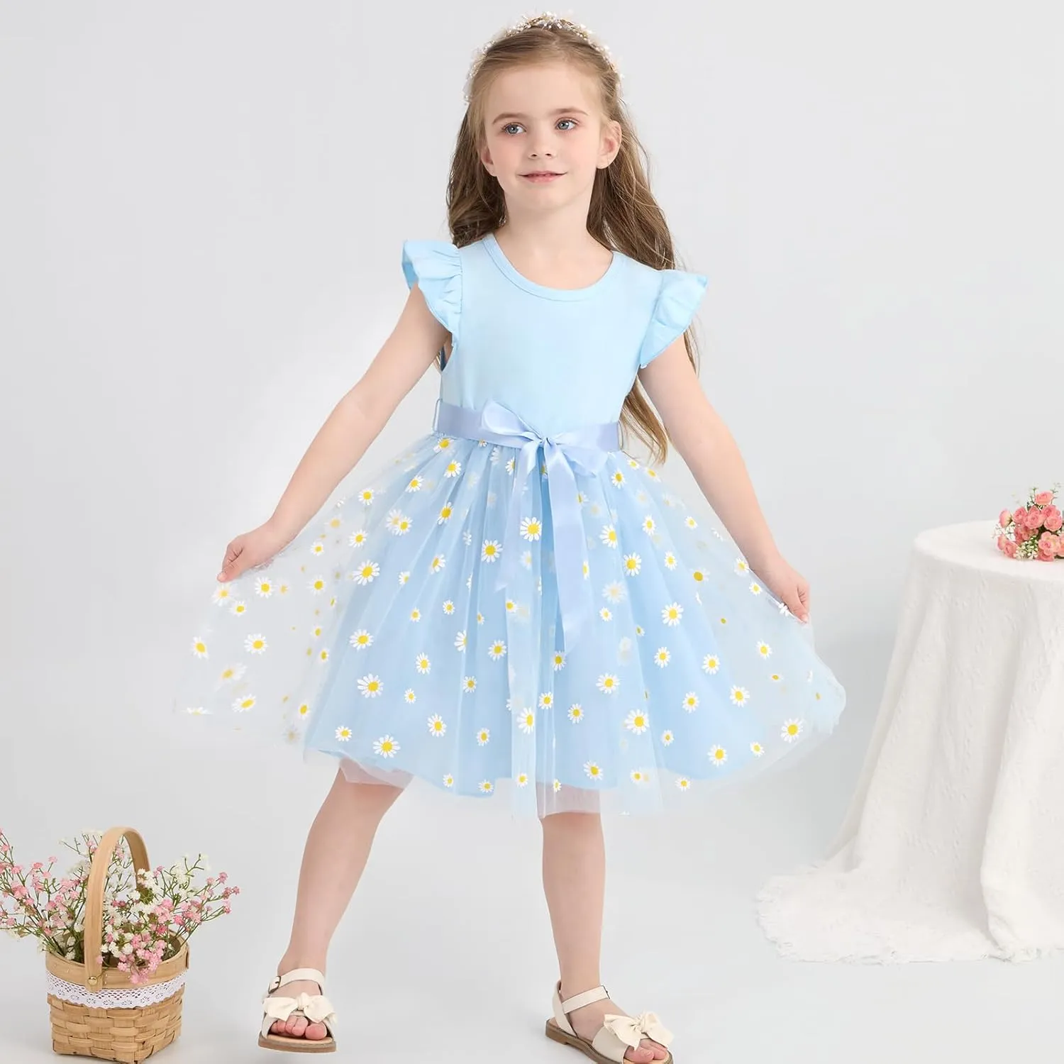 Toddler Baby Girls Tutu Tulle Dress Ruffled Sleeve Print Mesh Party Princess Dresses Summer Clothes 2-7T