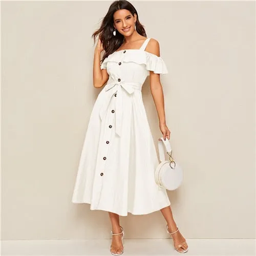 White Flounce Foldover Button Front Self Belted Dress Women Autumn Straps Cold Shoulder Solid Flared Party Long Dresses
