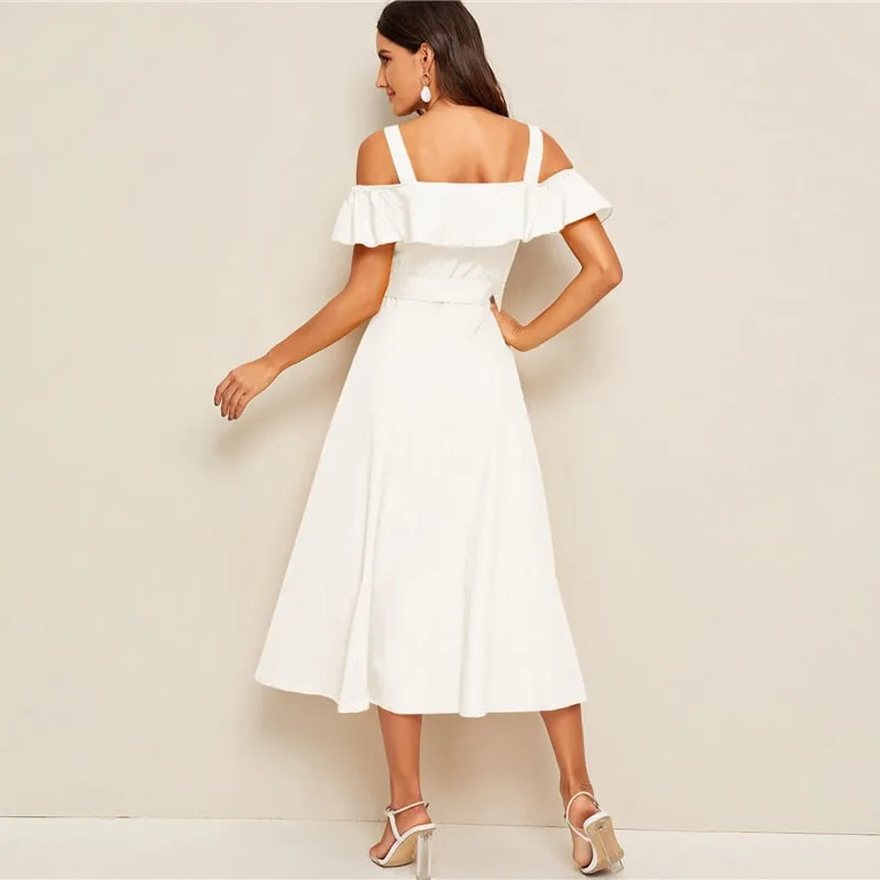 White Flounce Foldover Button Front Self Belted Dress Women Autumn Straps Cold Shoulder Solid Flared Party Long Dresses