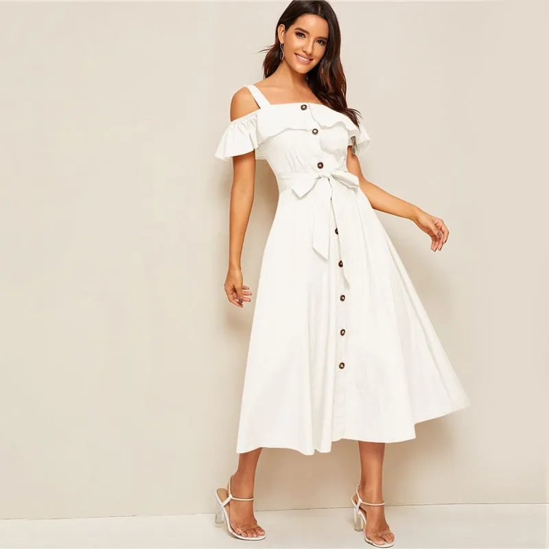 White Flounce Foldover Button Front Self Belted Dress Women Autumn Straps Cold Shoulder Solid Flared Party Long Dresses