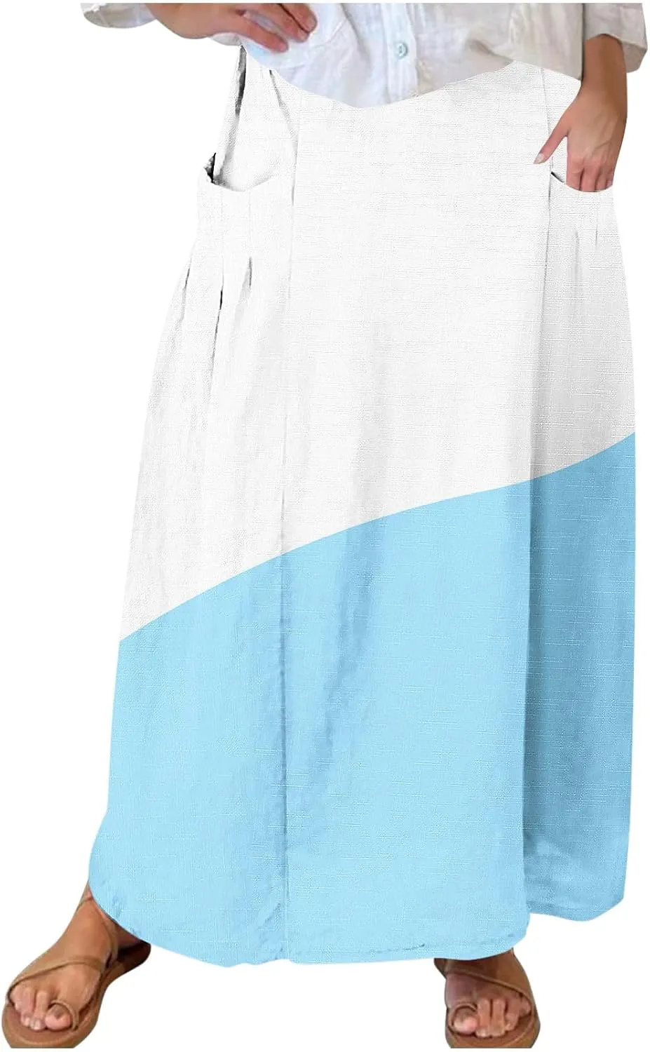 Women Gradient Skirts Elastic Waist Color Block Casual Skirt Loose Flowy Long Skirts Summer Beach Skirt with Pocket