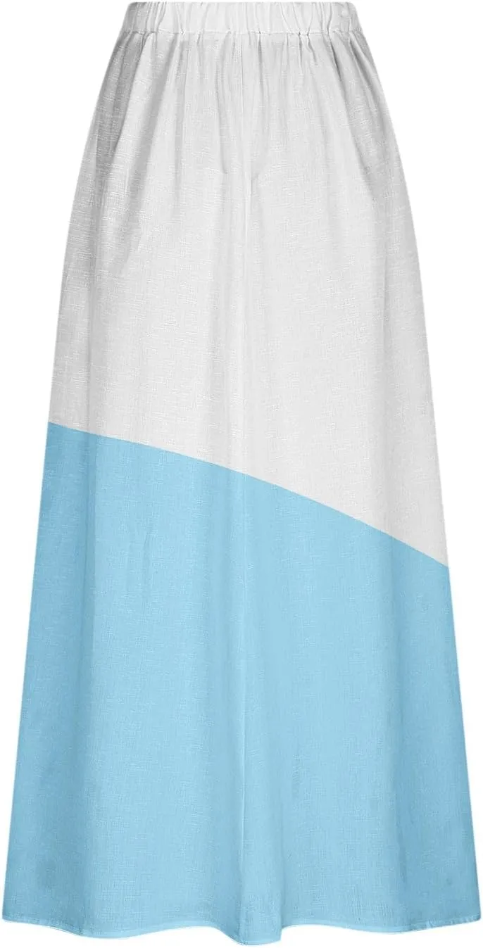 Women Gradient Skirts Elastic Waist Color Block Casual Skirt Loose Flowy Long Skirts Summer Beach Skirt with Pocket