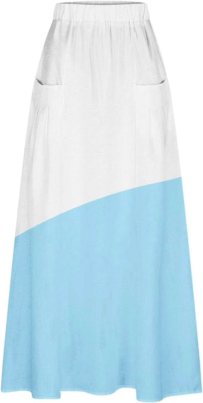 Women Gradient Skirts Elastic Waist Color Block Casual Skirt Loose Flowy Long Skirts Summer Beach Skirt with Pocket