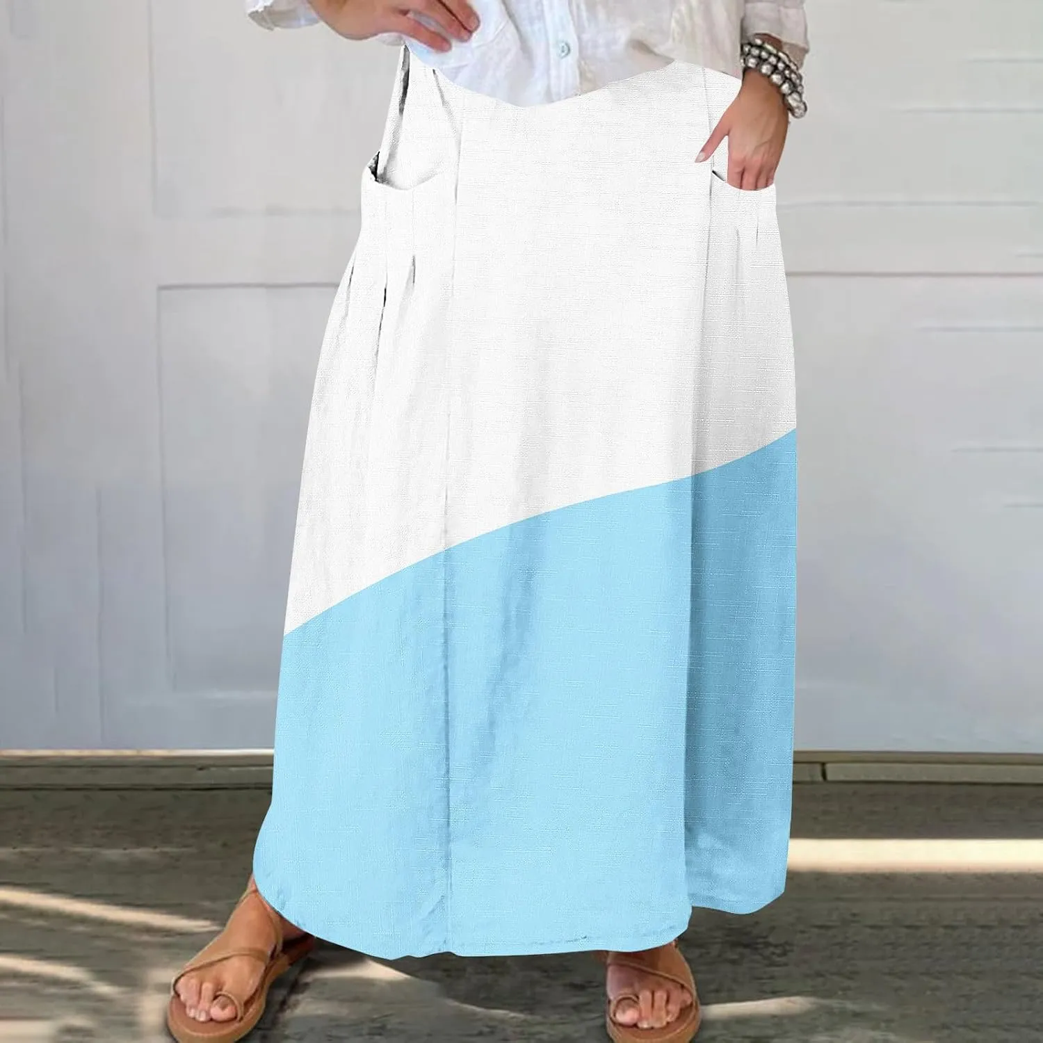 Women Gradient Skirts Elastic Waist Color Block Casual Skirt Loose Flowy Long Skirts Summer Beach Skirt with Pocket