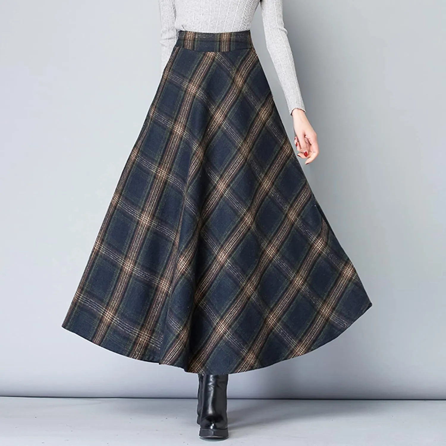 Women Skirt for Going Out Casual Spring High Elastic Waist Loose Trendy Plaid A-Line Long Skirts for Women Vacation