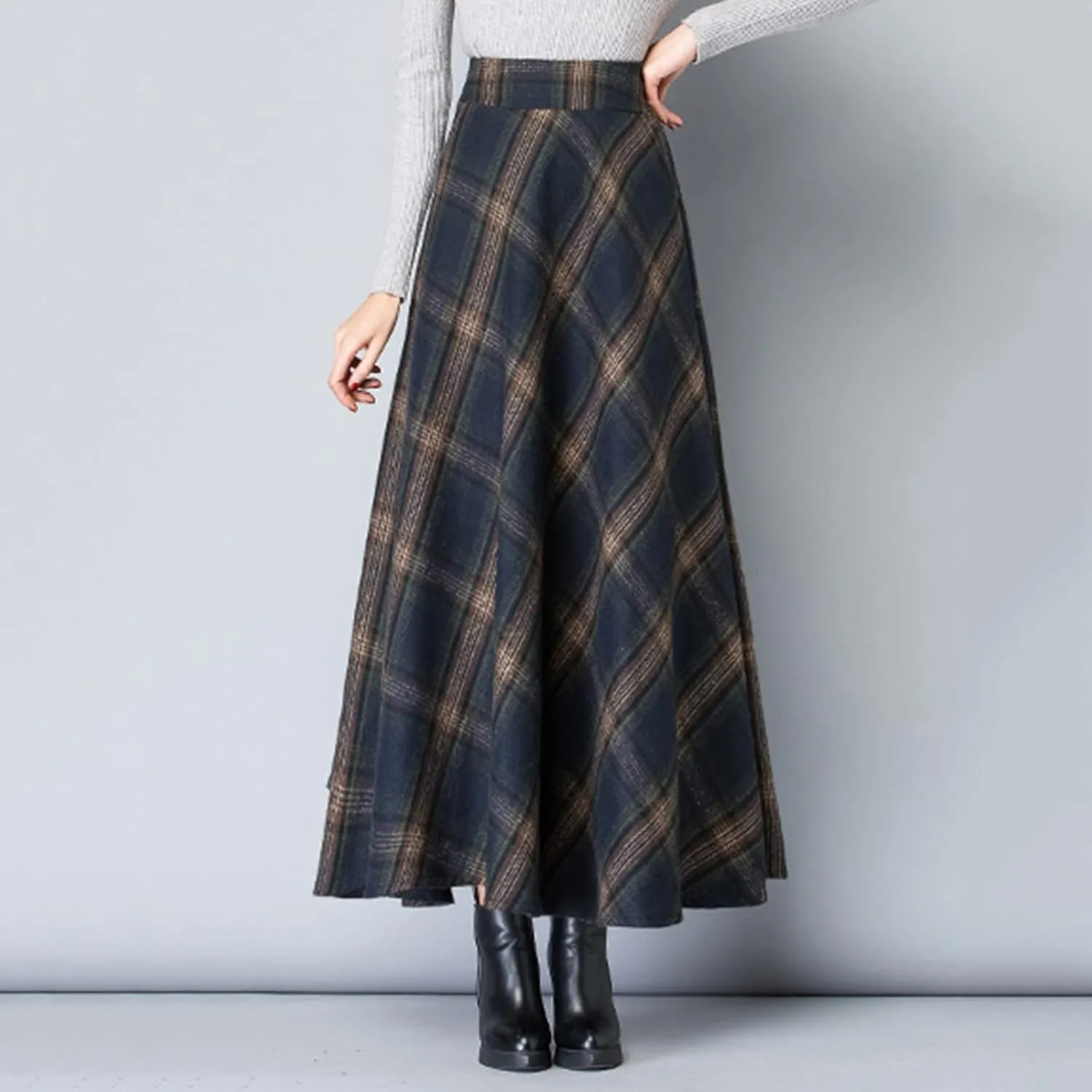 Women Skirt for Going Out Casual Spring High Elastic Waist Loose Trendy Plaid A-Line Long Skirts for Women Vacation