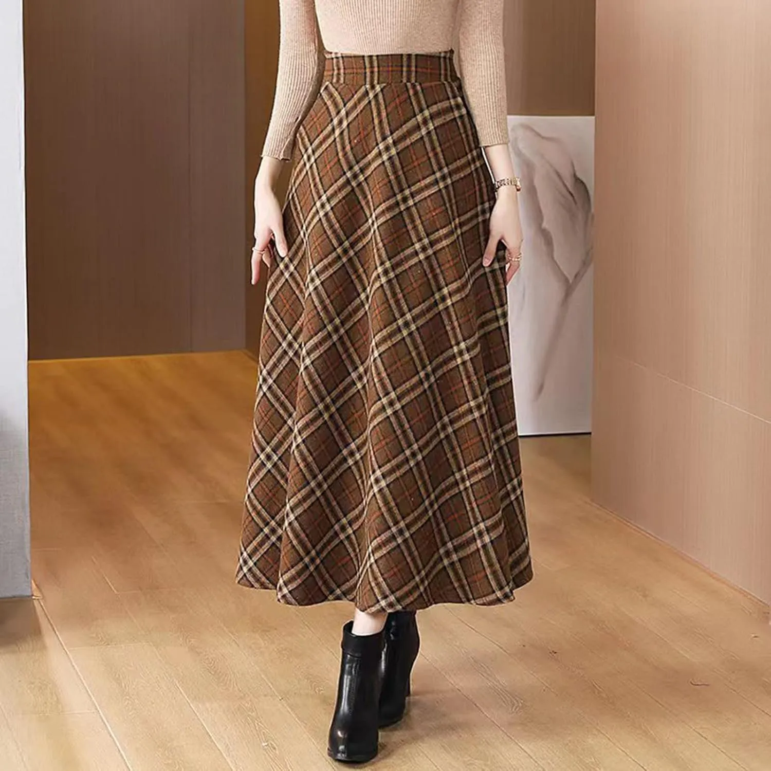 Women Skirt for Going Out Casual Spring High Elastic Waist Loose Trendy Plaid A-Line Long Skirts for Women Vacation