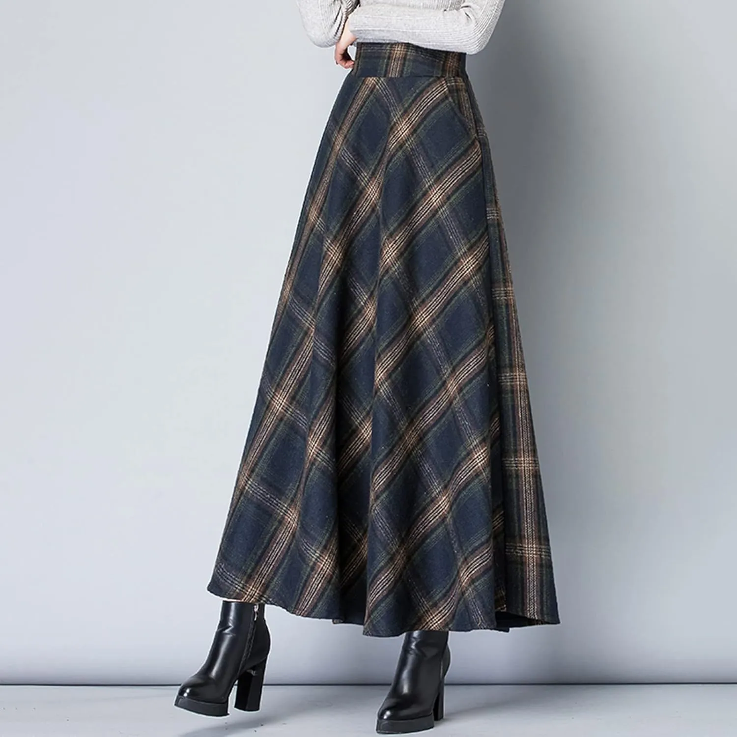 Women Skirt for Going Out Casual Spring High Elastic Waist Loose Trendy Plaid A-Line Long Skirts for Women Vacation