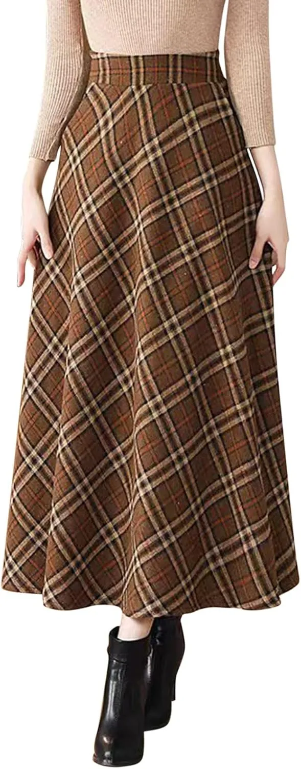 Women Skirt for Going Out Casual Spring High Elastic Waist Loose Trendy Plaid A-Line Long Skirts for Women Vacation