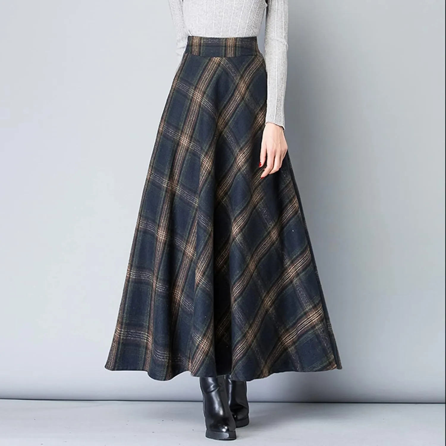 Women Skirt for Going Out Casual Spring High Elastic Waist Loose Trendy Plaid A-Line Long Skirts for Women Vacation