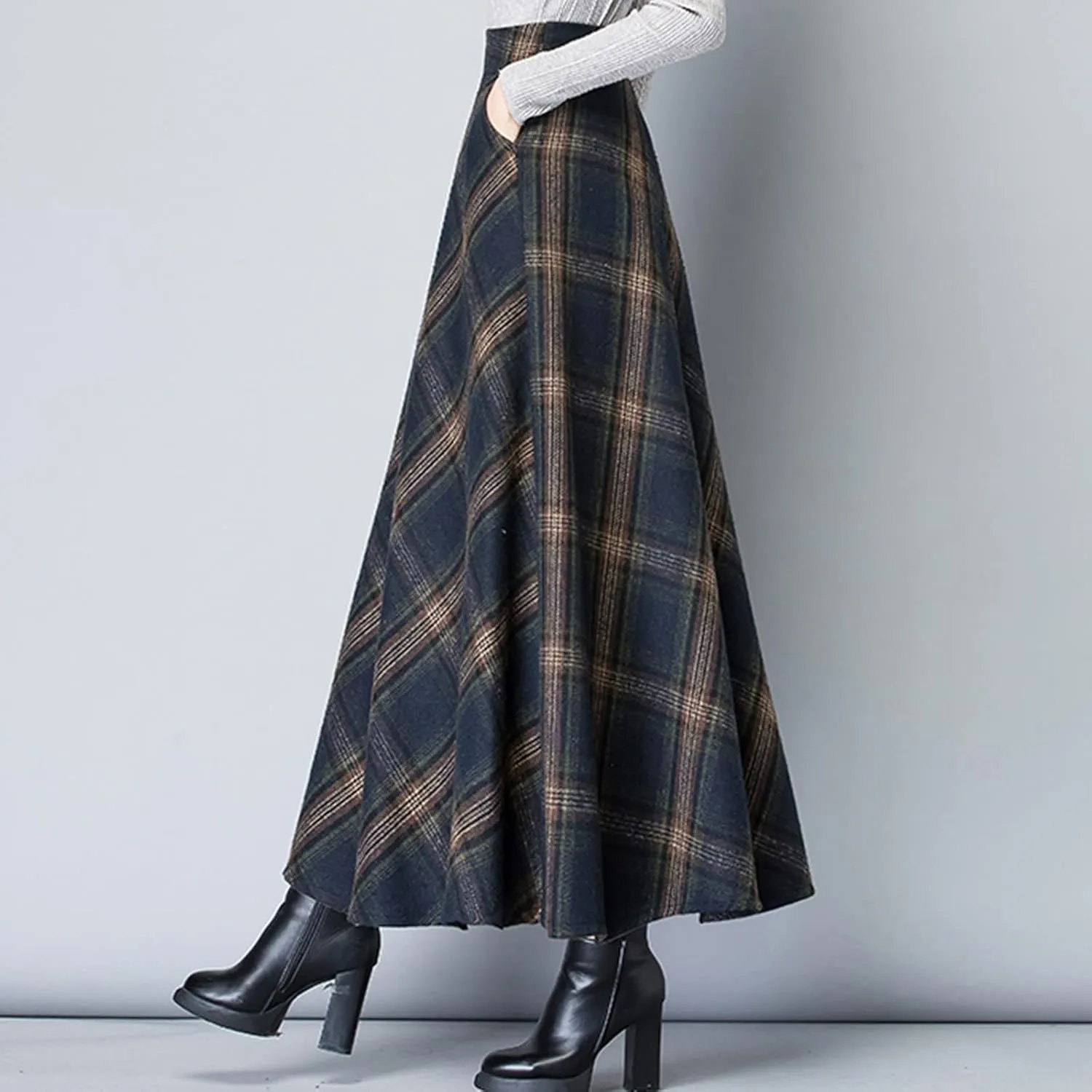 Women Skirt for Going Out Casual Spring High Elastic Waist Loose Trendy Plaid A-Line Long Skirts for Women Vacation