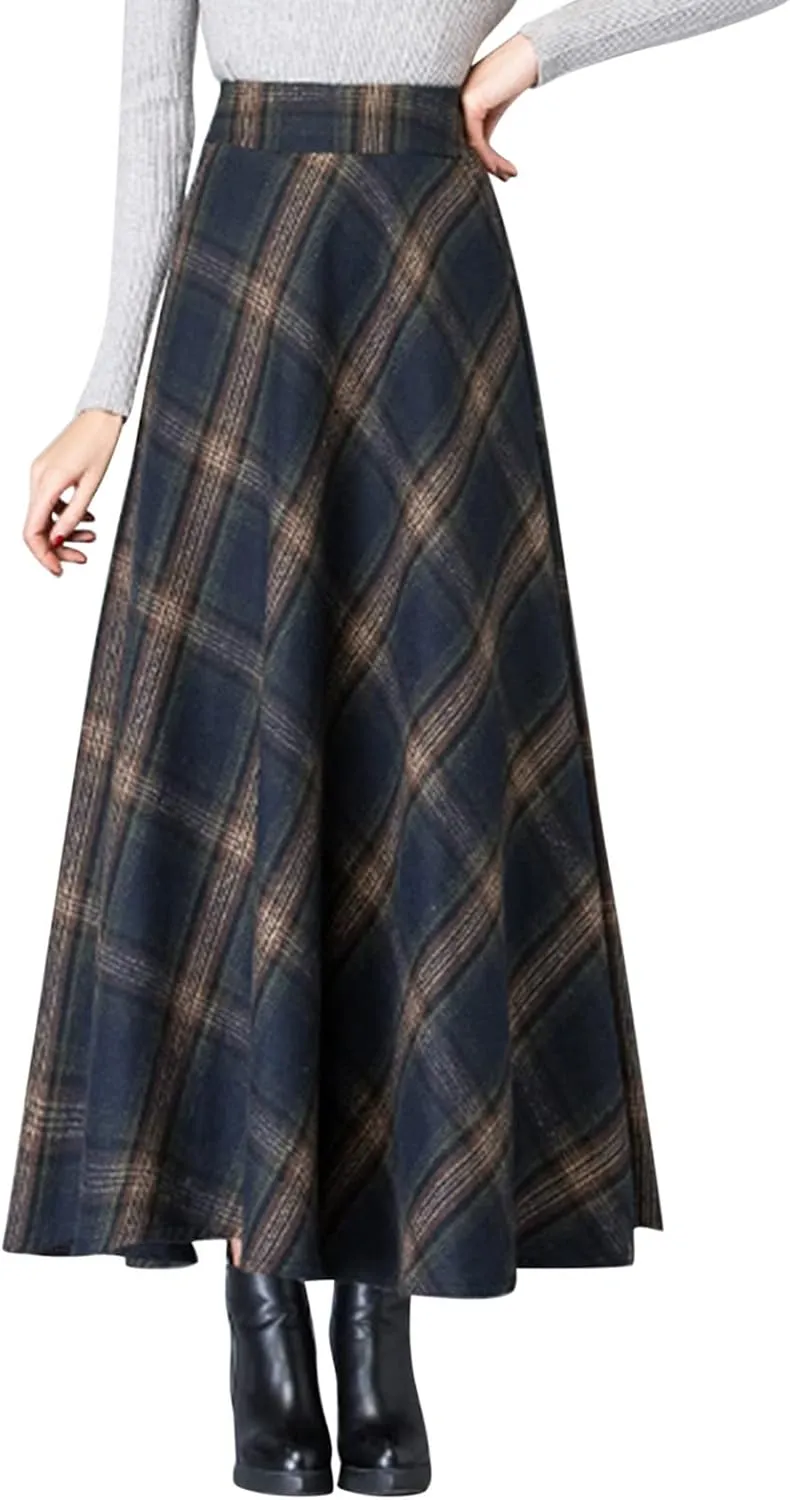 Women Skirt for Going Out Casual Spring High Elastic Waist Loose Trendy Plaid A-Line Long Skirts for Women Vacation