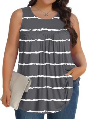 Women Summer Plus Size Loose Tank Tops, Fashion Striped Print Sleeveless Casual Shirts Comfy Breathable Vacation Clothes