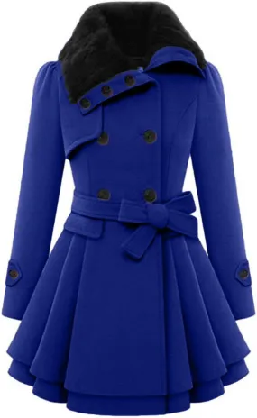 Women Windbreaker Coat Sherpa Lined Lapel Fuzzy Jacket Pleated Hem Overcoat Winter Warm Long Sleeve Outwear with Belt