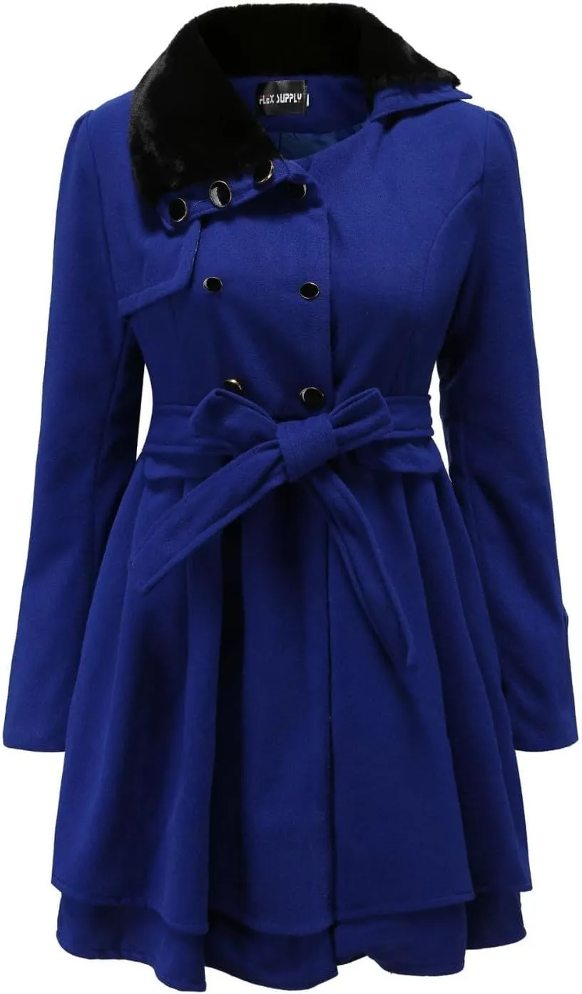 Women Windbreaker Coat Sherpa Lined Lapel Fuzzy Jacket Pleated Hem Overcoat Winter Warm Long Sleeve Outwear with Belt