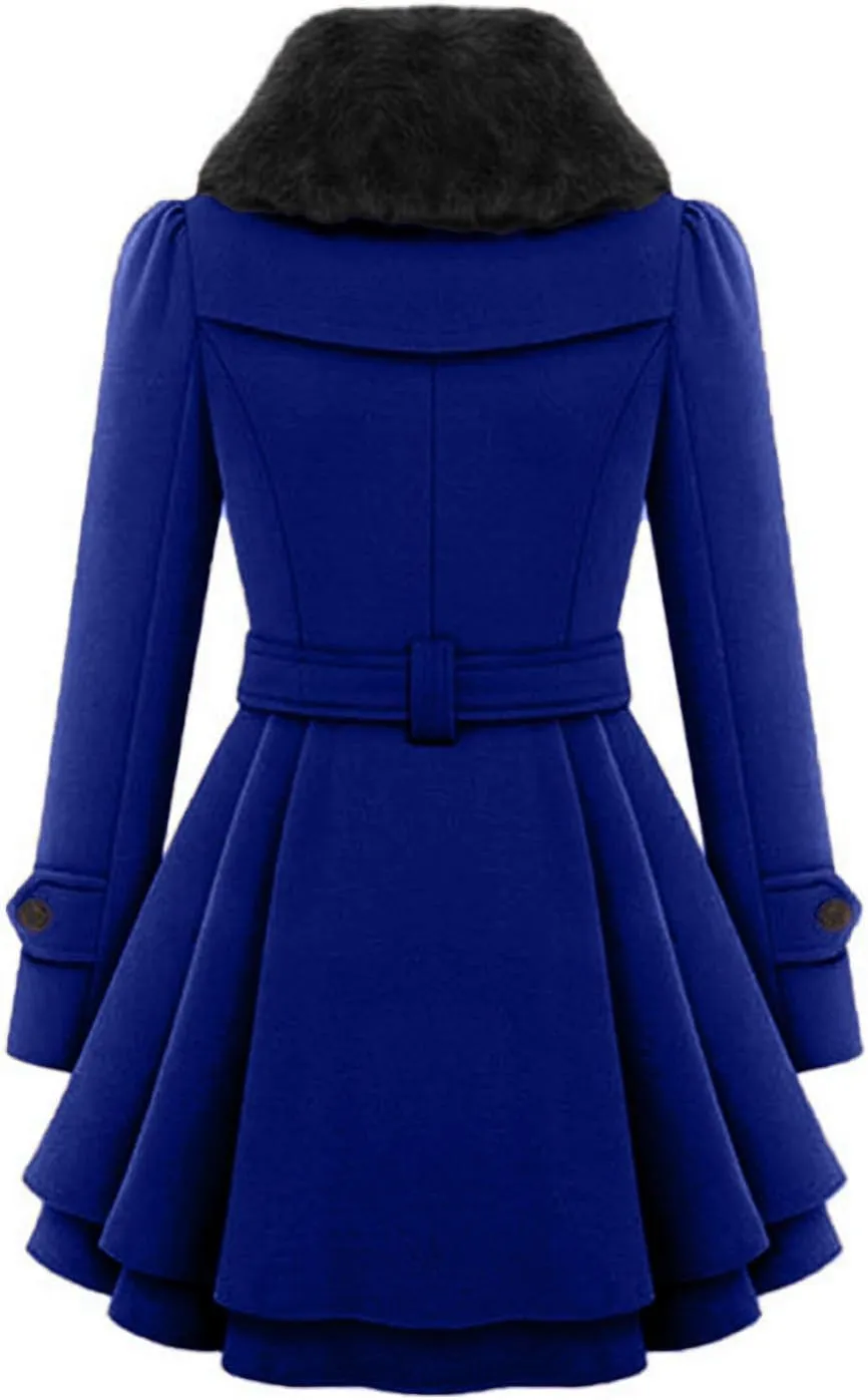 Women Windbreaker Coat Sherpa Lined Lapel Fuzzy Jacket Pleated Hem Overcoat Winter Warm Long Sleeve Outwear with Belt