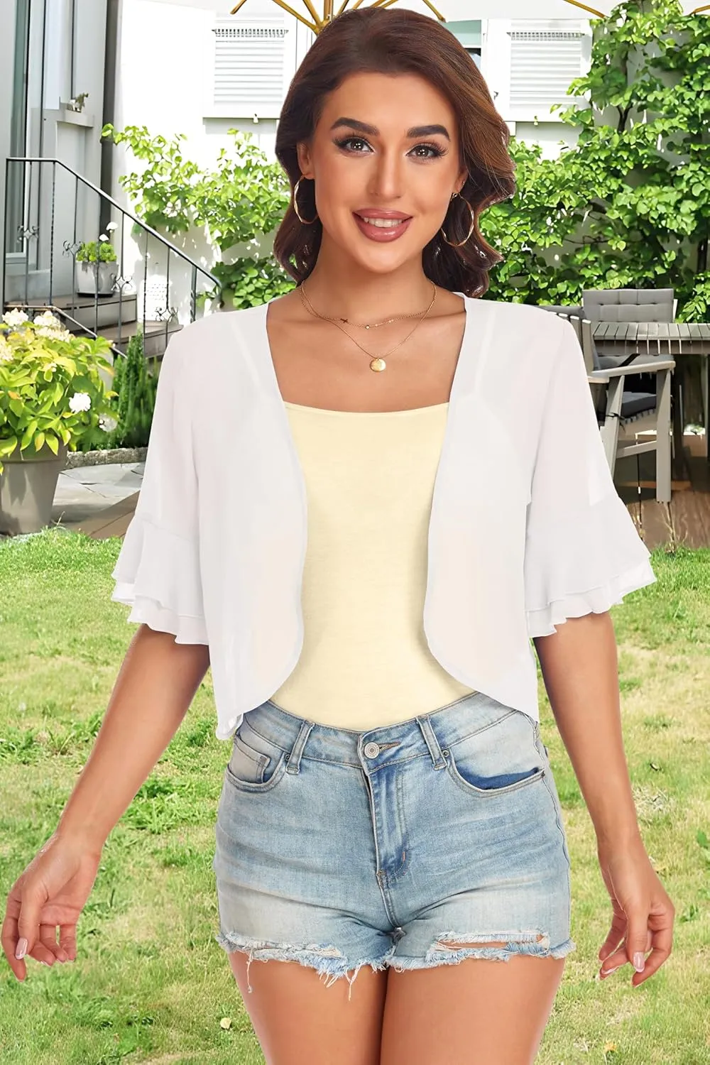 Women's Cardigan Bolero Shrug Ruffle Short Sleeve Open Front Loose Sheer Jackets for Tops