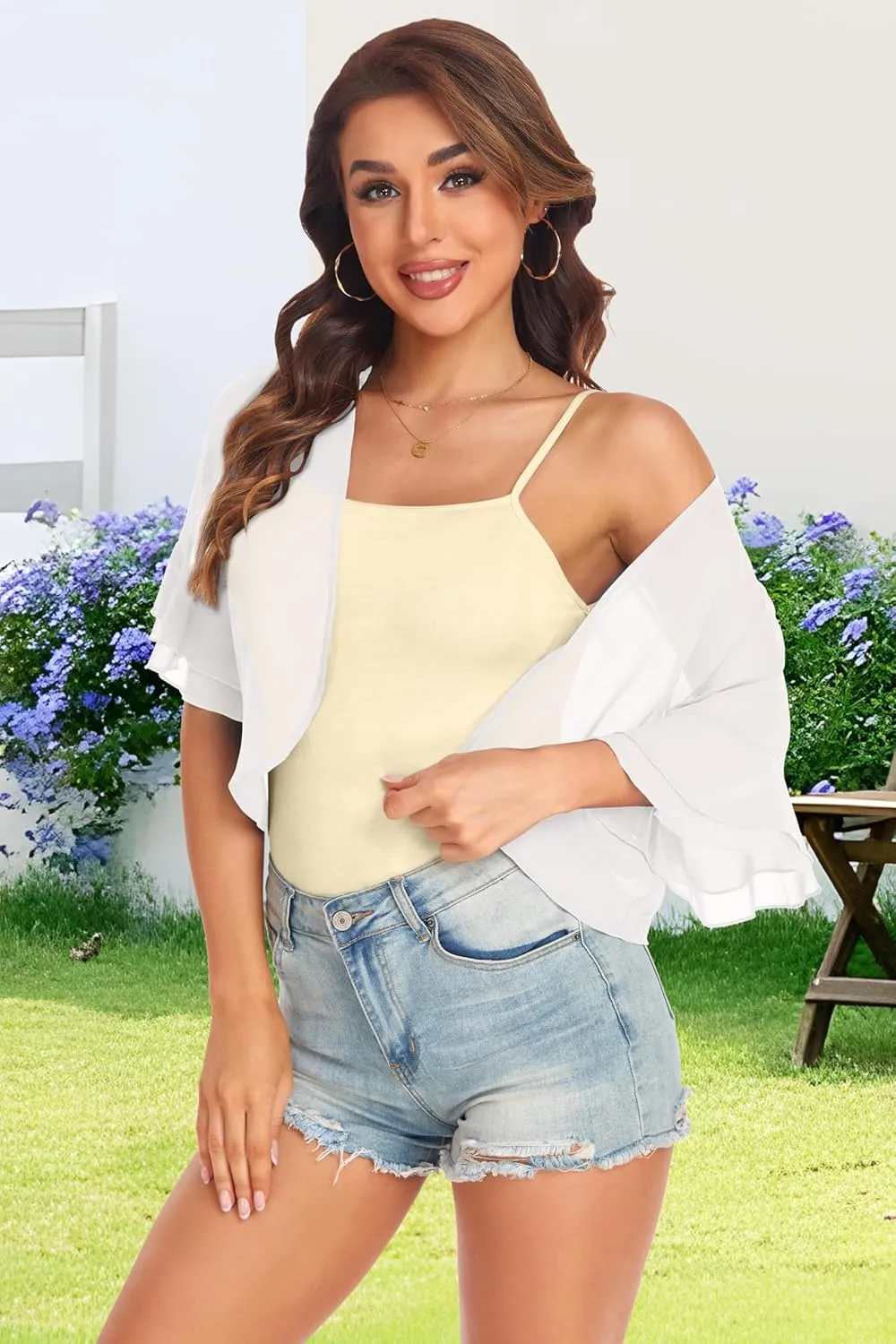 Women's Cardigan Bolero Shrug Ruffle Short Sleeve Open Front Loose Sheer Jackets for Tops