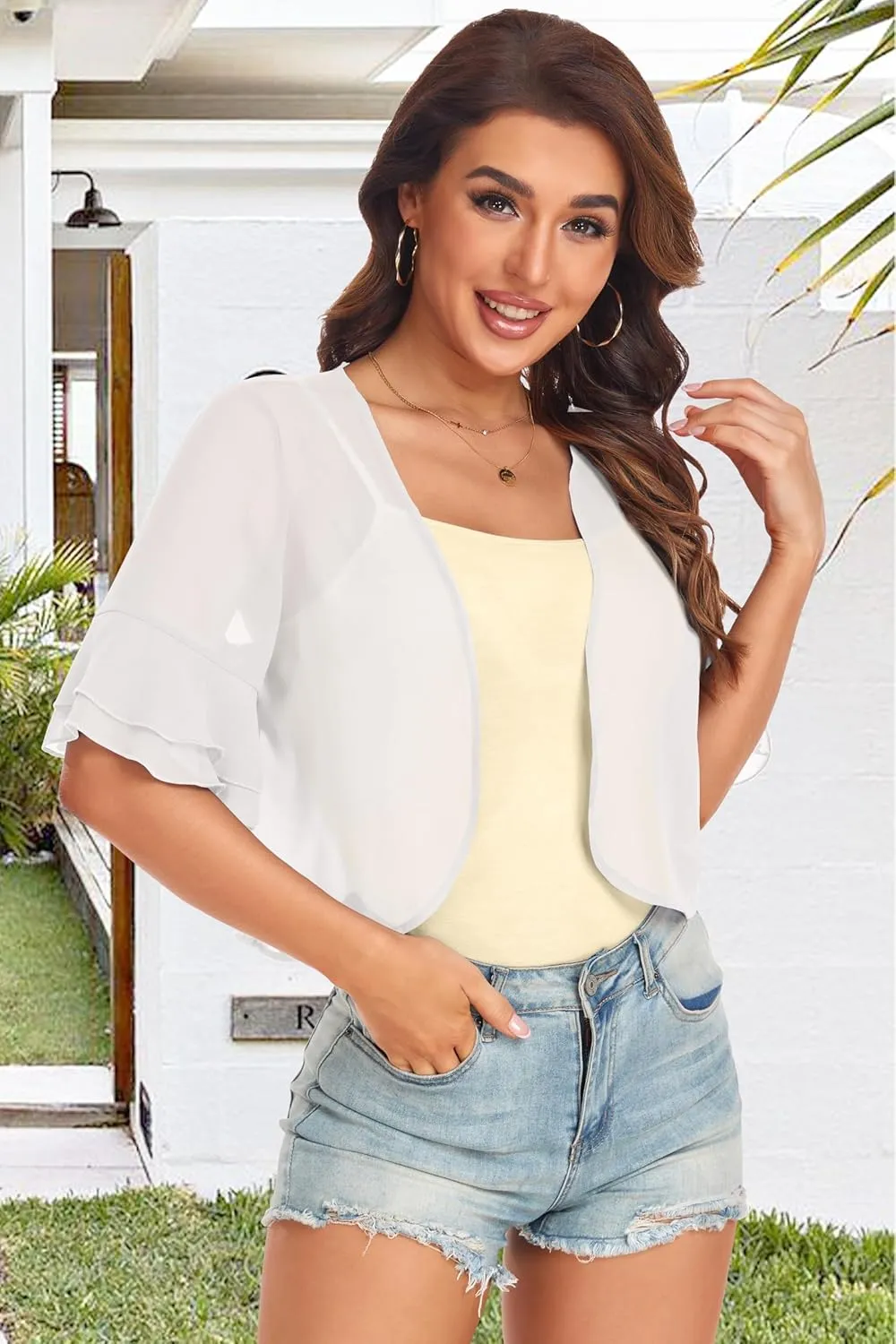 Women's Cardigan Bolero Shrug Ruffle Short Sleeve Open Front Loose Sheer Jackets for Tops