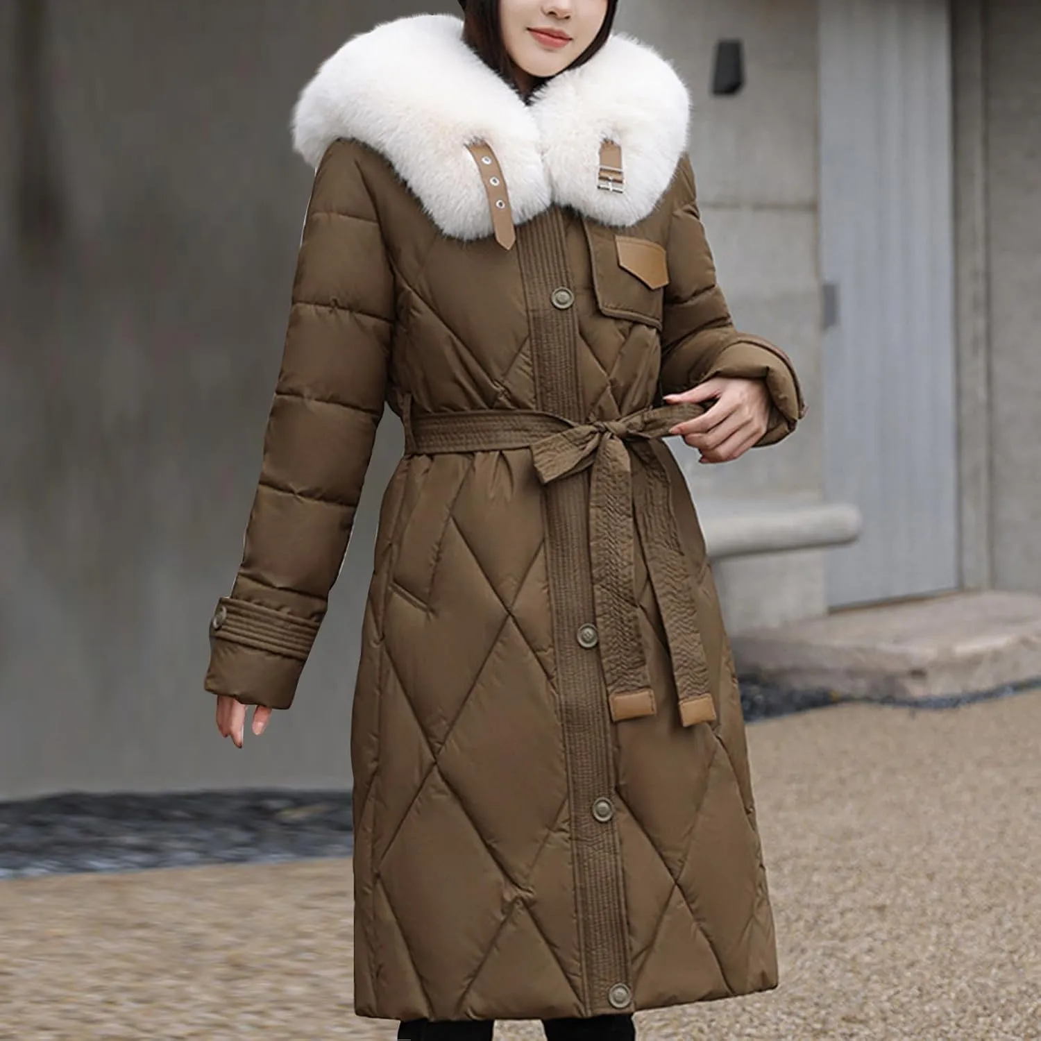 Womens Puffer Winter Coats Faux Fur Collar Warm Quilted Thickened Down Jacket Trendy Trench Coat Overcoat Outerwear