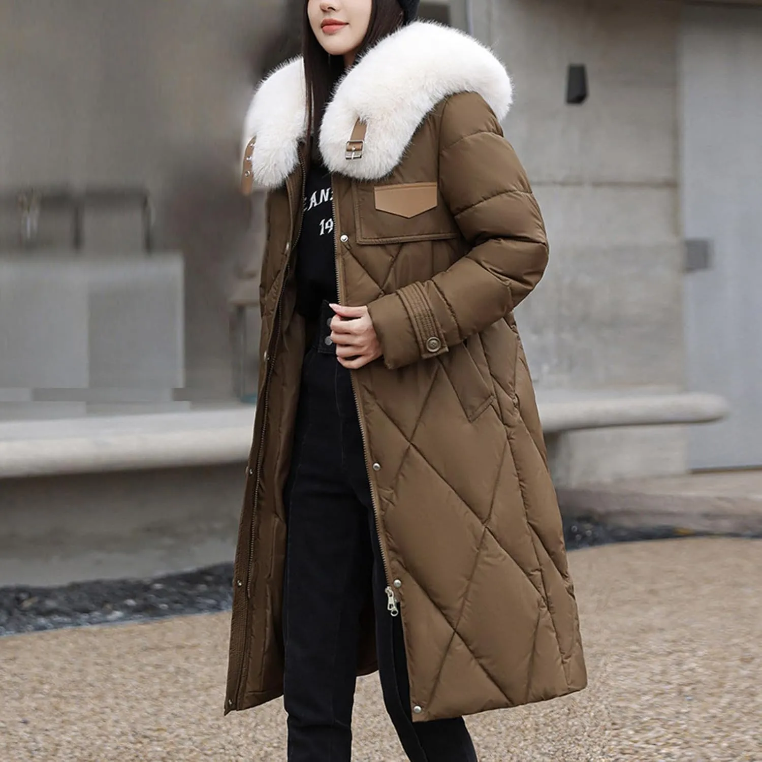 Womens Puffer Winter Coats Faux Fur Collar Warm Quilted Thickened Down Jacket Trendy Trench Coat Overcoat Outerwear