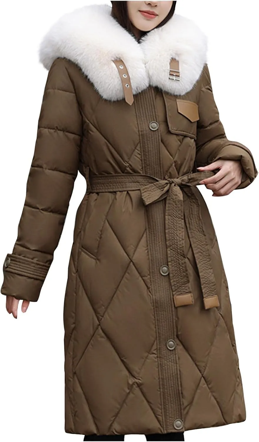 Womens Puffer Winter Coats Faux Fur Collar Warm Quilted Thickened Down Jacket Trendy Trench Coat Overcoat Outerwear
