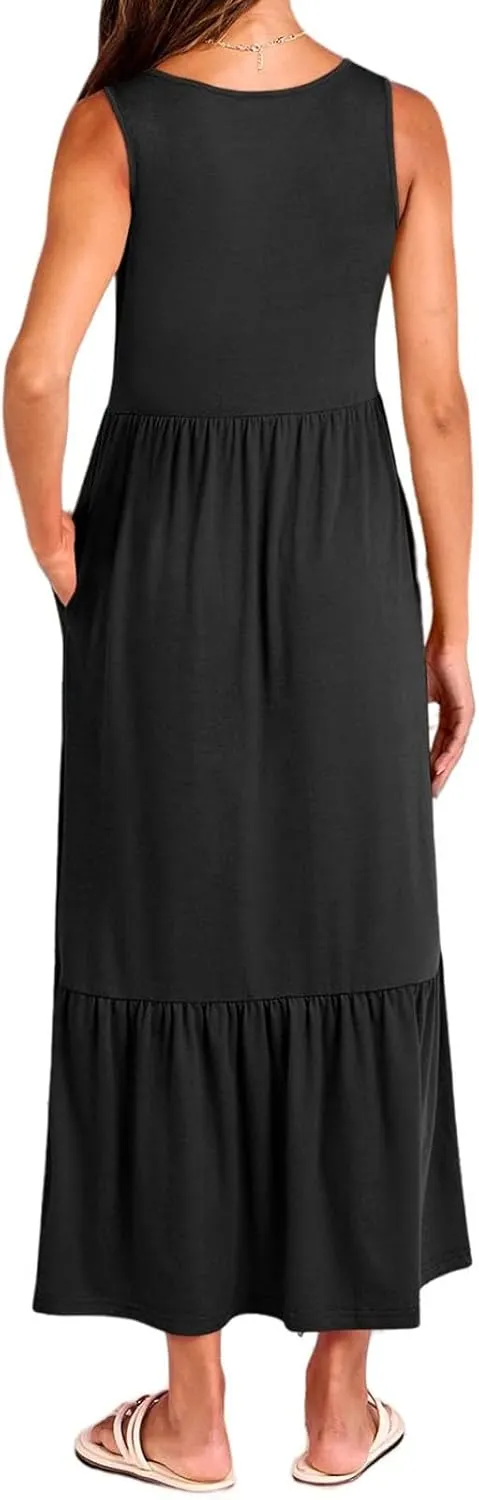 Women's Ruffled Midi Dresses Solid Color V-Neck Halter Casual Beach Sundress Pleated Tiered Vacation Boho Maxi Dress