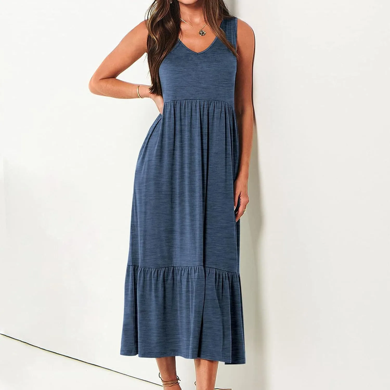 Women's Ruffled Midi Dresses Solid Color V-Neck Halter Casual Beach Sundress Pleated Tiered Vacation Boho Maxi Dress