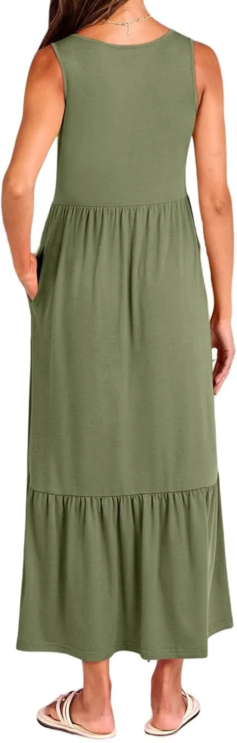 Women's Ruffled Midi Dresses Solid Color V-Neck Halter Casual Beach Sundress Pleated Tiered Vacation Boho Maxi Dress
