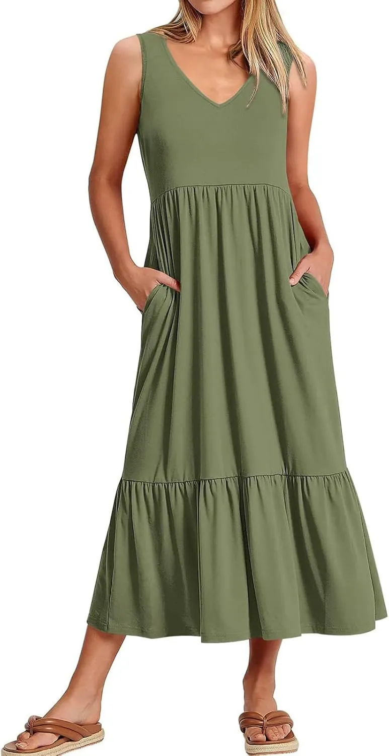 Women's Ruffled Midi Dresses Solid Color V-Neck Halter Casual Beach Sundress Pleated Tiered Vacation Boho Maxi Dress