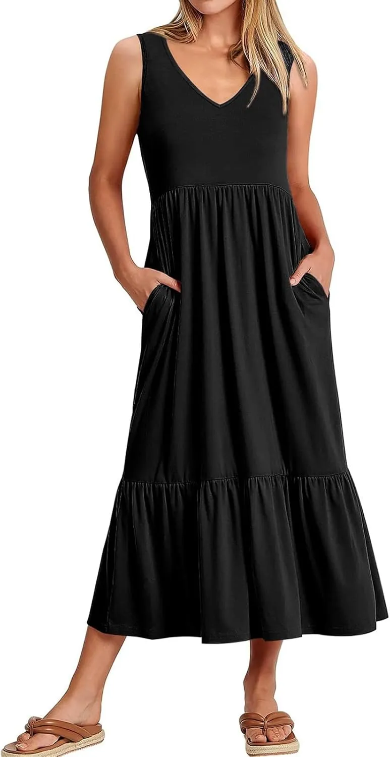 Women's Ruffled Midi Dresses Solid Color V-Neck Halter Casual Beach Sundress Pleated Tiered Vacation Boho Maxi Dress