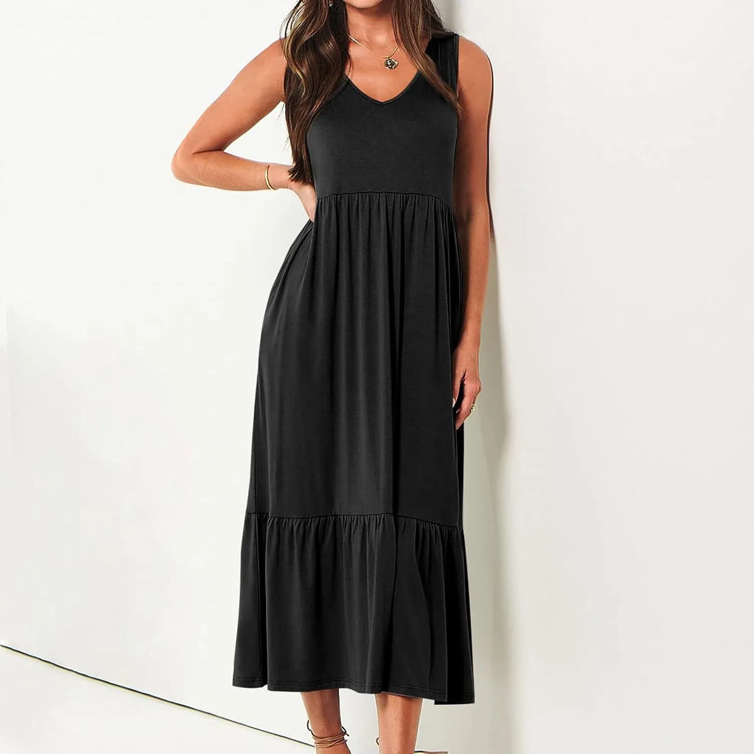 Women's Ruffled Midi Dresses Solid Color V-Neck Halter Casual Beach Sundress Pleated Tiered Vacation Boho Maxi Dress