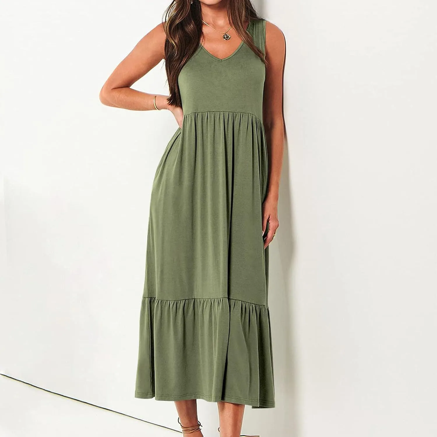 Women's Ruffled Midi Dresses Solid Color V-Neck Halter Casual Beach Sundress Pleated Tiered Vacation Boho Maxi Dress