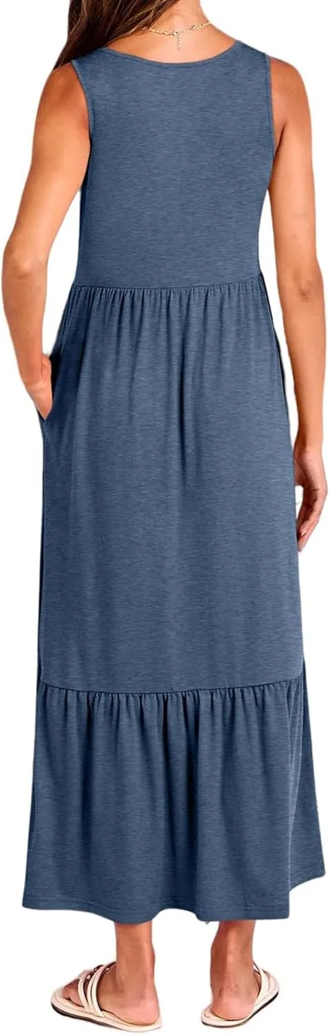Women's Ruffled Midi Dresses Solid Color V-Neck Halter Casual Beach Sundress Pleated Tiered Vacation Boho Maxi Dress