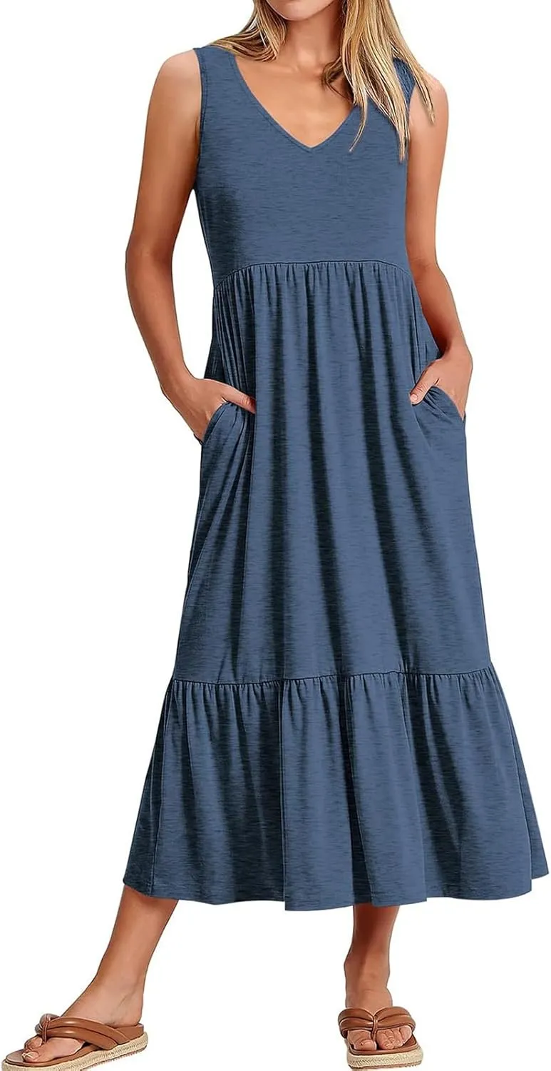 Women's Ruffled Midi Dresses Solid Color V-Neck Halter Casual Beach Sundress Pleated Tiered Vacation Boho Maxi Dress